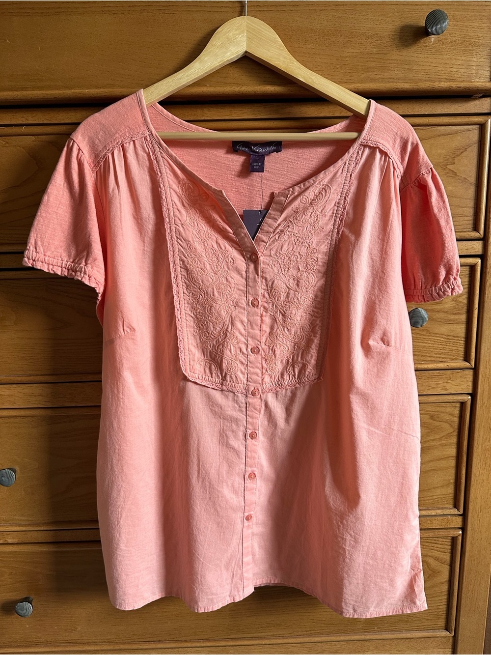 Gloria Vanderbilt Womens Short Sleeve Button Blouse Size XL Coral Pink Cottage